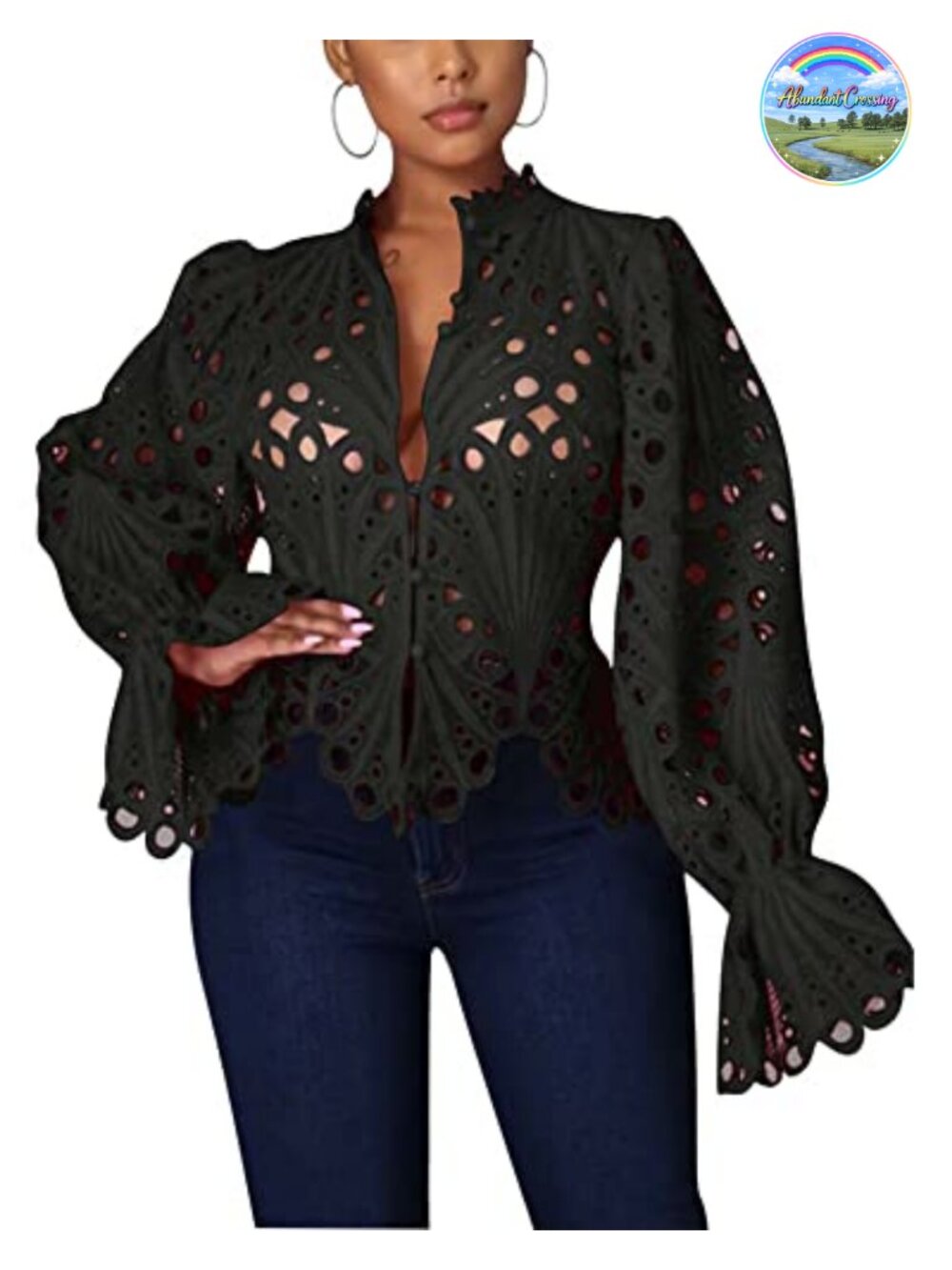 Lace Ruffle Puff Long Sleeve Button Down Blouse